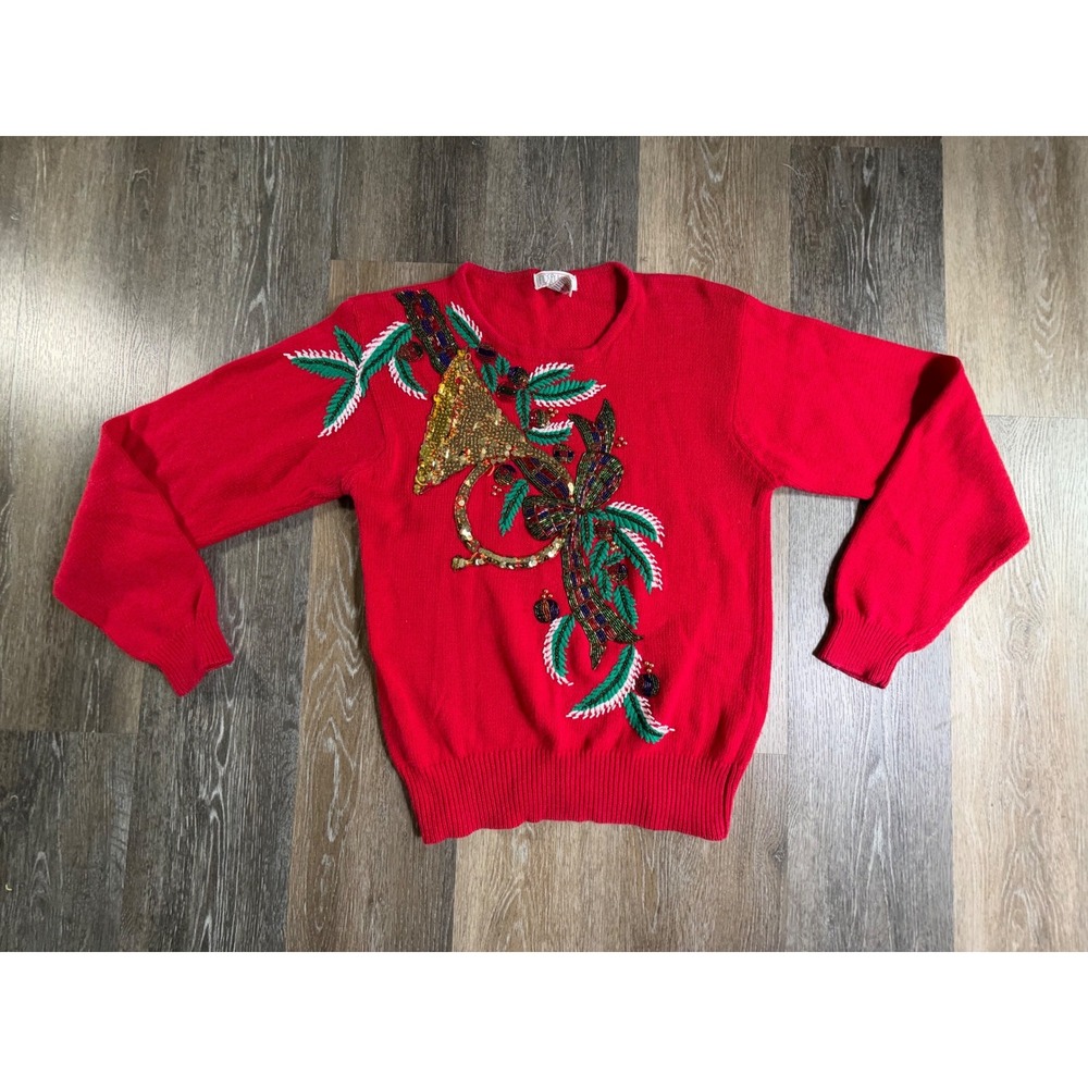 Lindsey Blake Sweater Womens S Red Vintage Beaded Sequin Christmas Holiday Horn